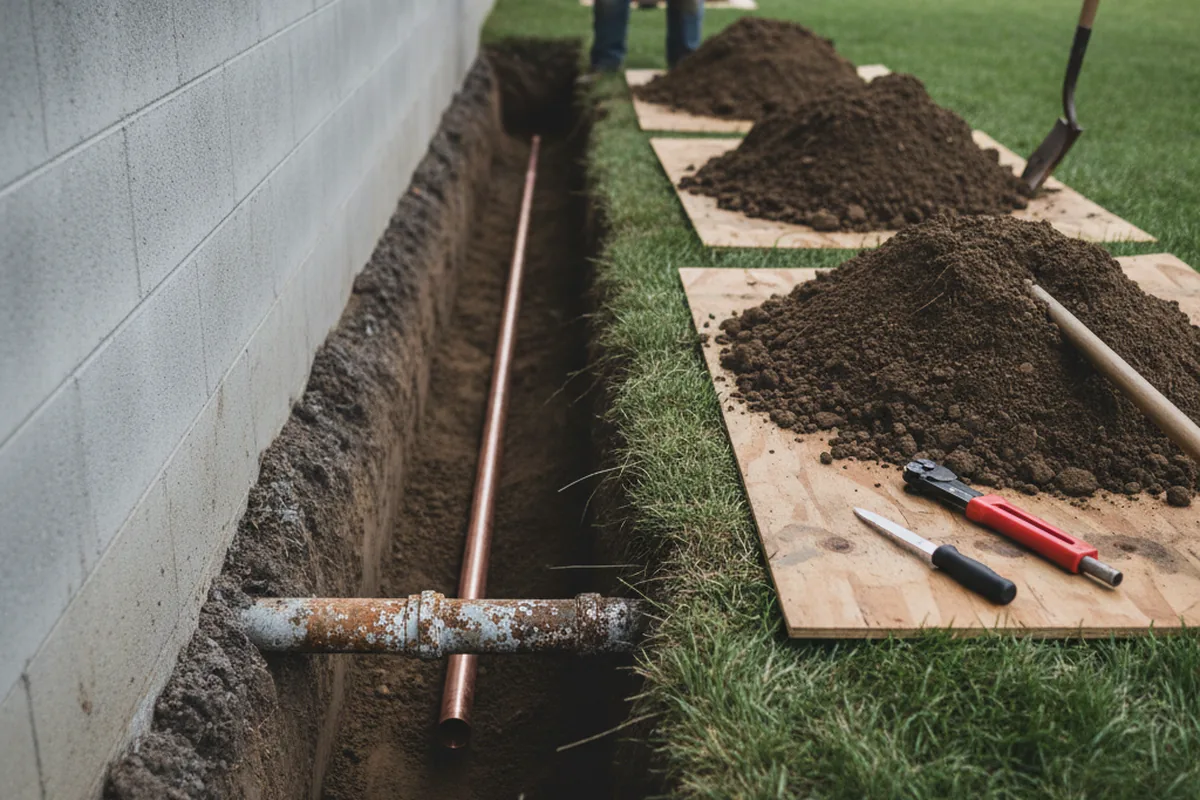 Excavated water line trench during Water Heater Repair in South Shore